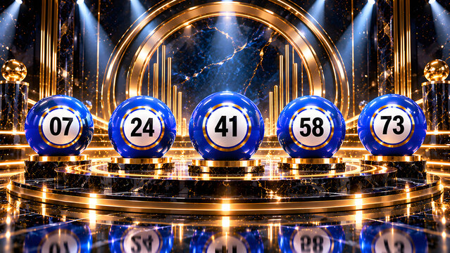 Lotto balls with numbers 07 24 41 58 73 on golden stage