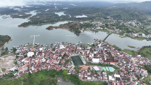Guatap&eacute; Reservoir with Islands and Mountain Landscape in Antioquia, Colombia. Establishing Shot. Aerial View.