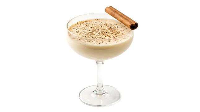 Creamy eggnog cocktail in coupe glass, festive holiday drink with cinnamon stick isolated on white background
