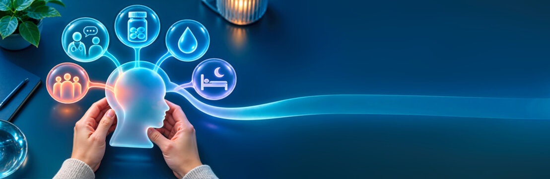 Hands holding a glowing translucent head silhouette with healthcare icon modules for mental health, medication, sleep, and therapy. Wellness and medical concept