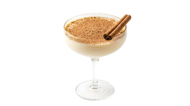 Creamy eggnog cocktail in coupe glass, festive holiday drink with ground cinnamon, festive winter alcoholic beverage isolated on white background