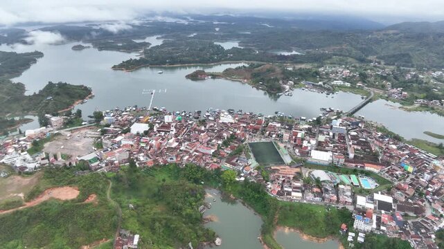 Guatap&eacute; Reservoir with Islands and Mountain Landscape in Antioquia, Colombia. Establishing Shot. Aerial View.