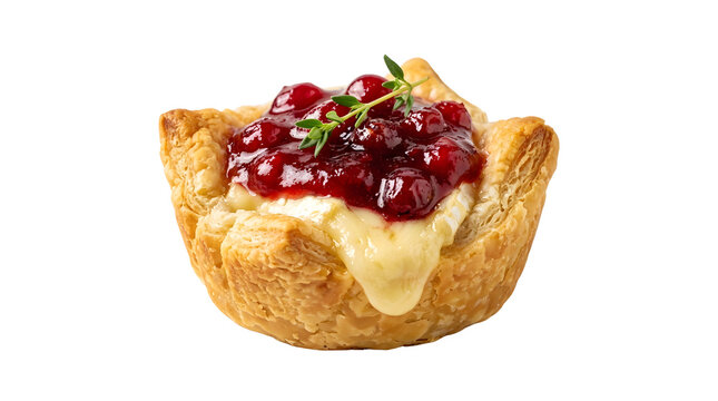Gourmet baked puff pastry tartlet with melted brie cheese and cranberry sauce, festive holiday appetizer bite, delicious savory snack isolated on white