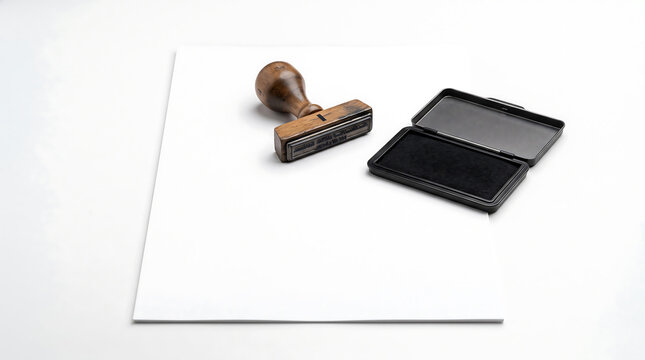 A wooden rubber stamp with a black ink pad resting on a blank white sheet of paper, isolated on a white background