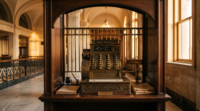 Antique brass cash register sitting on a wooden counter inside a historic building with arched hallways, marble floors, and metal railings in the background