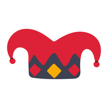 Red jester hat with curved points and colorful diamond decoration in a flat cartoon vector style, isolated on white for carnival, costume party, circus and festive designs.