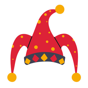 Red polka dot jester hat with three curved points and colorful diamond trim in a flat cartoon vector style, isolated on white for carnival and costume party designs.