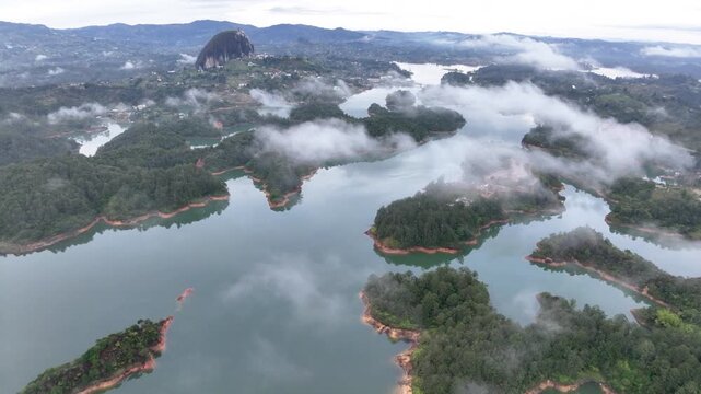 Guatap&eacute; Reservoir with Islands and Mountain Landscape in Antioquia, Colombia. Establishing Shot. Aerial View.