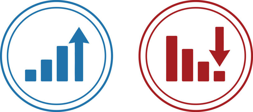 Business growth and decline bar chart icons with upward and downward arrows for financial reports