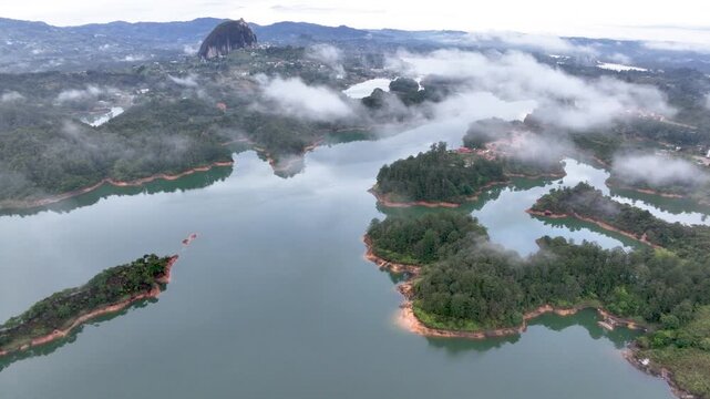 Guatap&eacute; Reservoir with Islands and Mountain Landscape in Antioquia, Colombia. Establishing Shot. Aerial View.