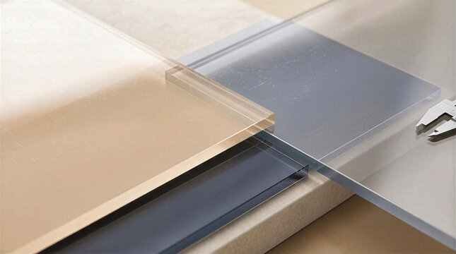 Close-up of translucent polycarbonate surface intersection with sandstone beige and mineral gray overlapping panels. Architectural material samples with metal caliper tool on stone background