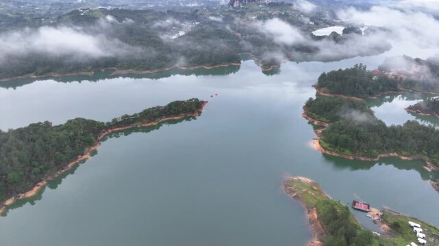 Guatap&eacute; Reservoir with Islands and Mountain Landscape in Antioquia, Colombia. Establishing Shot. Aerial View.