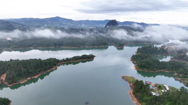 Guatap&eacute; Reservoir with Islands and Mountain Landscape in Antioquia, Colombia. Establishing Shot. Aerial View.