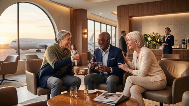 Elegant older friends relaxing in a premium airport lounge beside a private aircraft before an exciting journey, for positive and active aging