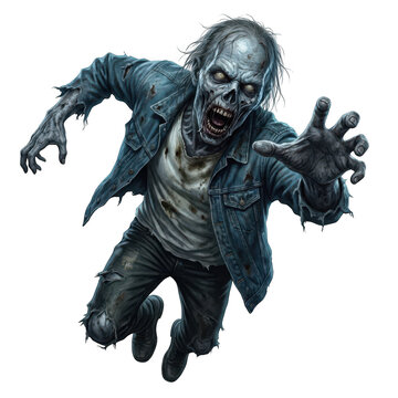 Running zombie man in denim jacket reaching out isolated on transparent background