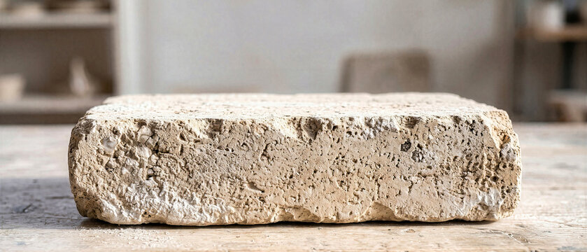 Macro view of ivory refractory brick with porous texture and crystalline inclusions. Industrial heat resistant material with chipped edges on wooden workbench in blurred workshop background
