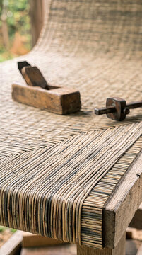 Close up of woven reed mat texture with vintage wooden hand plane and marking gauge on carpentry workbench. Traditional fiber craft background with woodworking tools and natural material surface