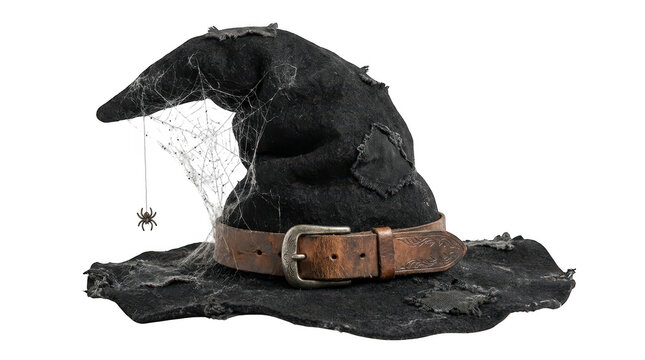 Old tattered black witch hat with a leather belt and spider web isolated on transparent background