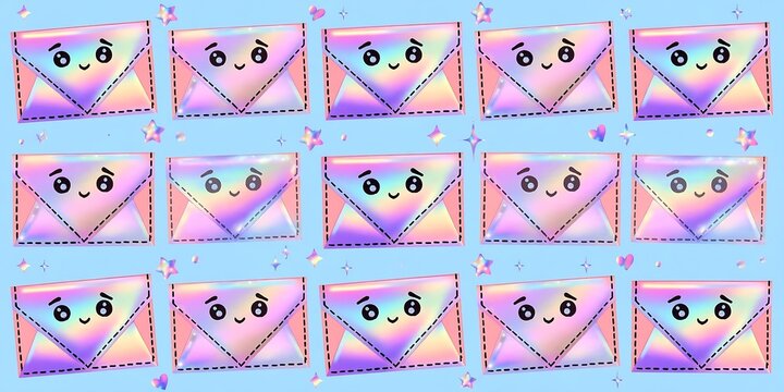 Seamless pattern of cute iridescent kawaii envelopes with happy faces on a light blue background with repeating pattern featuring pastel envelopes smiling soft blue backdrop