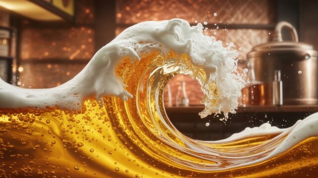 A seething wave of beer with thick white foam swirls into a crest against the backdrop of an interior of a brewery or pub with a copper vat.