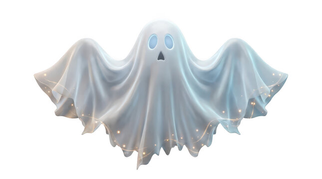 Cute white sheet ghost with glowing eyes isolated on transparent background