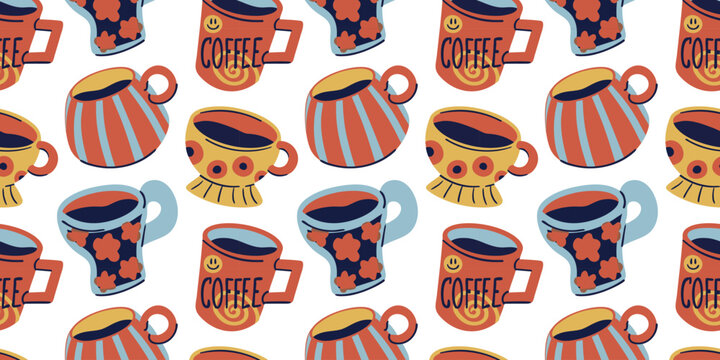 Doodle seamless pattern colorful coffee mugs, floral glass cup, cozy striped teacup. Hand drawn beverage print. Repeating hot drinks vector texture for kitchen textile, cafe wallpaper, packaging paper
