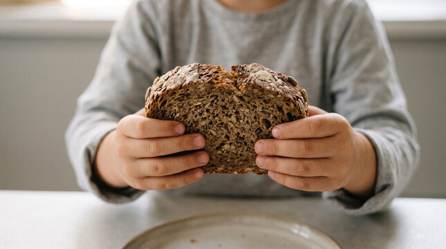 Child's hands holding a slice of multigrain bread with seeds