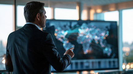 Fototapeta premium European business professional seen from behind standing at a large wall screen with a world map and data visualization in a modern office bright room with large windows business growth