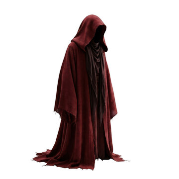 Mysterious hooded figure in a dark red cloak, isolated on transparent background