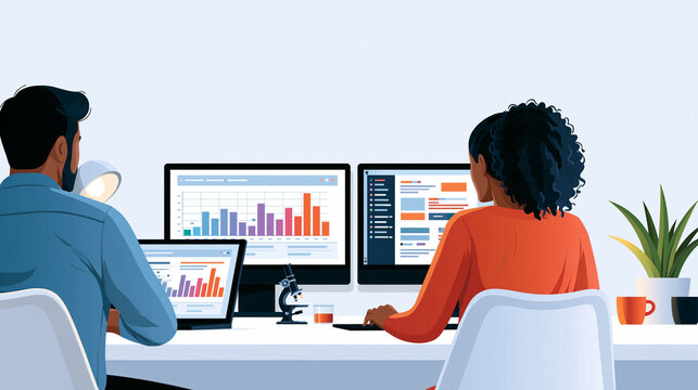 Digital marketers seen from behind at a bright desk with laptops optimizing ecommerce campaigns screens with audience targeting charts online advertising and conversion tracking digital