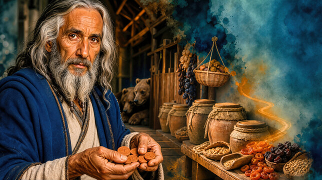 Elderly man holding clay tokens inside Noah's Ark with food provisions and bears. Biblical portrait of Noah in a wooden ship storage room with jars of grain, dried fruit and watercolor art