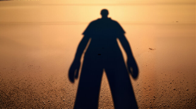 A shot where his shadow on the ground is distorted by the angle of the sun, creating a giant figure behind him.
