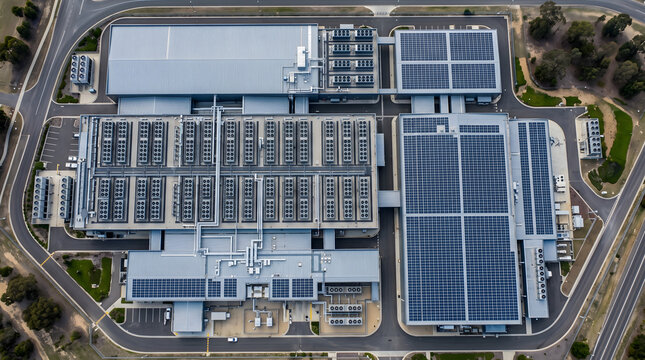 Aerial Top View of Large Data Center Campus with Rooftop Cooling Fans, Solar Panels and Surrounding Roads