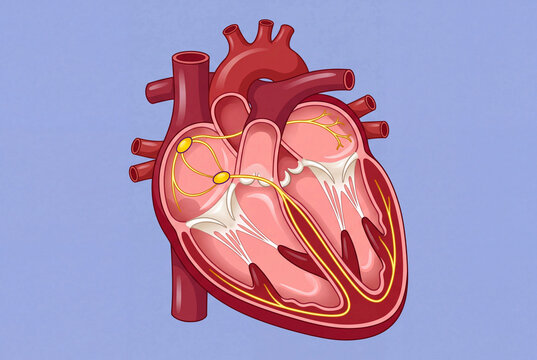 Medical illustration of human heart cross section with cardiac conduction system on blue background