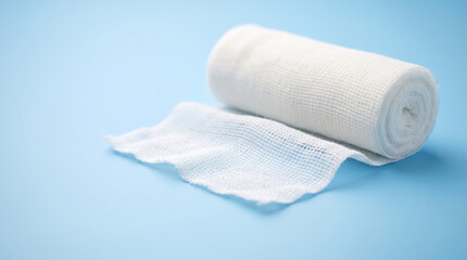 Fototapeta premium Medical gauze roll and torn piece on clean blue background