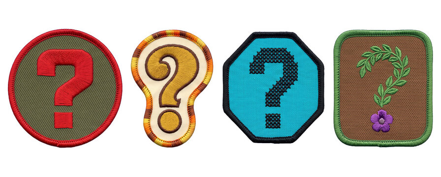 Four unique question mark patch designs with different styles, shapes, and colorful embroidered borders isolated on white background
