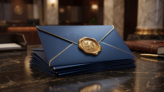 A stack of dark blue envelopes with gold trim and a circular wax seal featuring a lion emblem, resting on a polished dark marble desk in an office setting