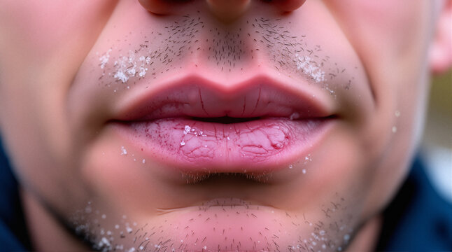 An extreme close-up of his lips, slightly chapped from the cold autumn wind.
