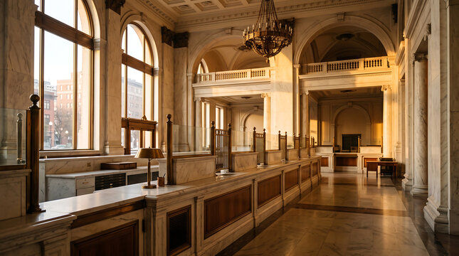 Interior view of a historic bank hall with marble counters, tall arched windows, wooden teller stations, and a hanging chandelier, bathed in warm golden hour sunlight