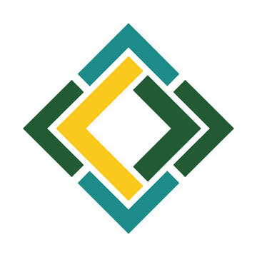 Abstract geometric logo with interlocking shapes in teal, green