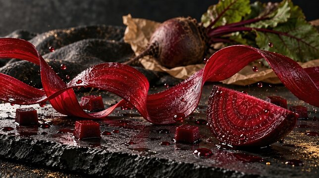 Swirling ribbon slice of red beetroot floating over dark slate with roasted cubes and raw beet. Dynamic culinary motion photography with flying liquid droplets on rustic dark wooden background