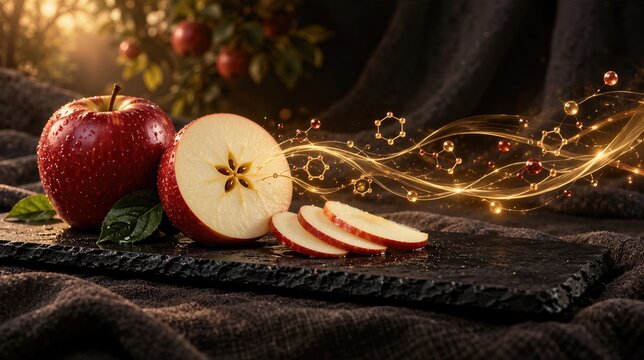 Red apple whole and sliced on dark slate board with glowing molecular light structure. Fresh organic fruit nutrition and healthy food concept display