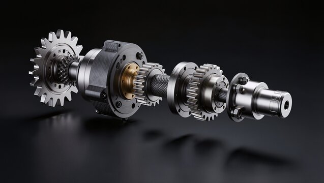 Multi-stage spur gear transmission assembly with brass bushings, black background