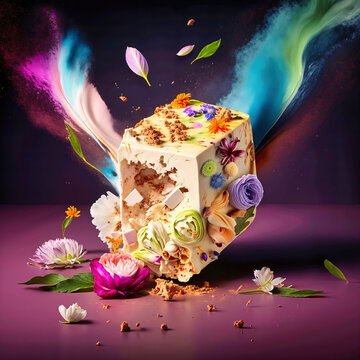 White confection cube crumbling with vibrant flowers. Creative dessert art with exploding colorful powder swirls on purple background
