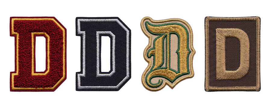 Four different letter D varsity jacket patches isolated on a white background showing various typography styles and colors