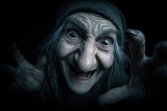 Frightening Old Witch Reaching Toward Camera in Halloween Scene