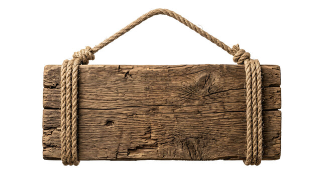 Rustic wooden sign board hanging securely with thick textured hemp ropes on transparent background