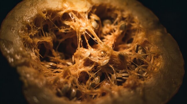 Pumpkin interior with seeds and fibrous strands close up photo