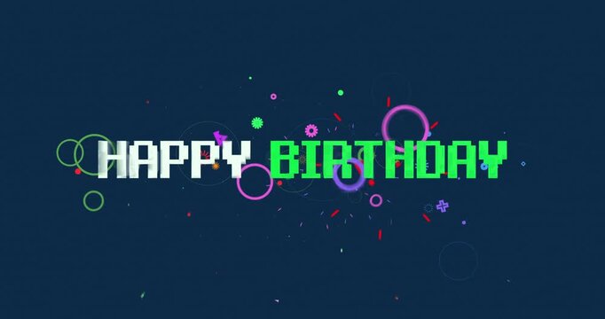 Happy Birthday Pixel Greeting Design With Modern Blue Background And Confetti Elements For Celebration