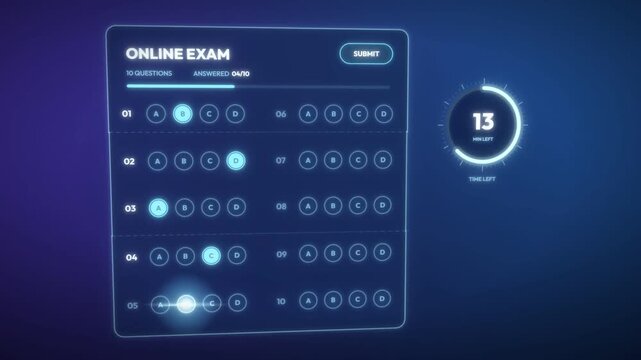 Online exam interface with multiple choice answers, countdown timer and passed exam result score
